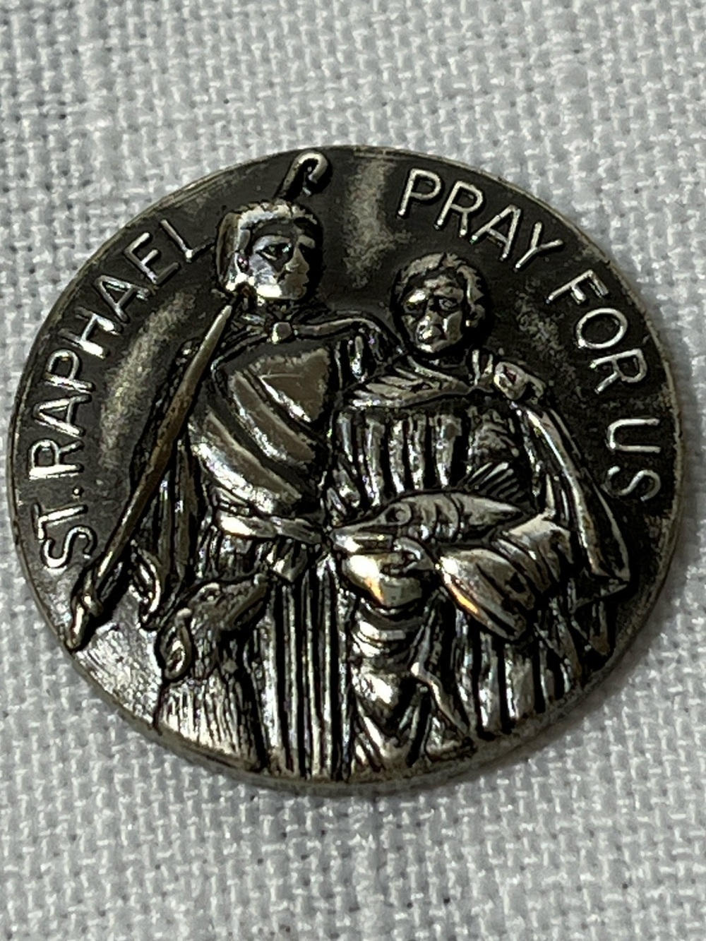 St. Raphael Patron Saint Round Token 
Silver Tone
Pray for Us
Vintage